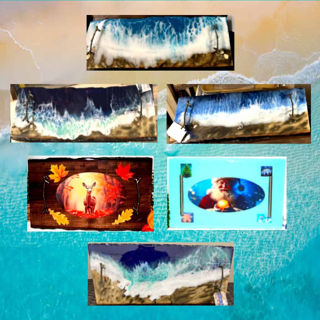 Vibrant ocean wave epoxy art on wooden plaques, perfect for coastal home decor and wall art.