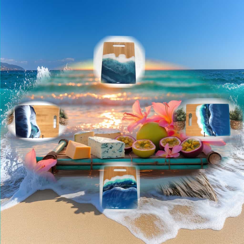 Colorful beach scene with cheese and flowers on a wooden board at sunset coastal background.