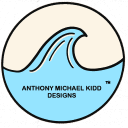 Wave design logo with blue and black colors for Anthony Michael Kidd Designs.