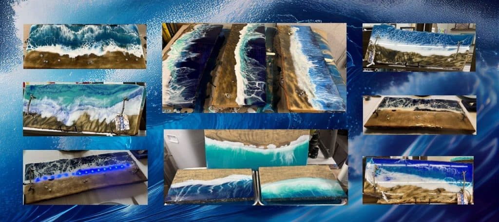 Vibrant resin ocean wave art with beach and shoreline designs for home decor.