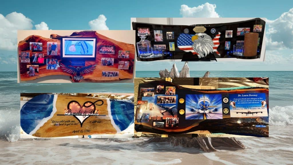 Custom wood display boards featuring patriotic and personalized designs by AMK Designs LLC.