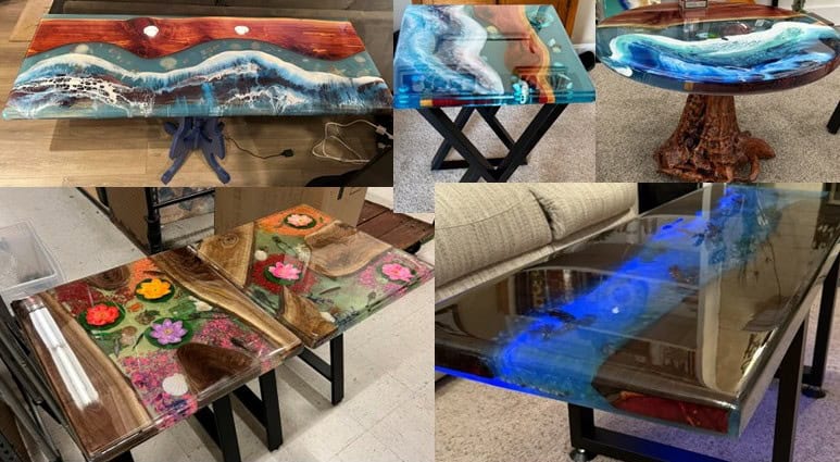 Varnished epoxy resin tables with vibrant designs and wood accents for custom home decor.
