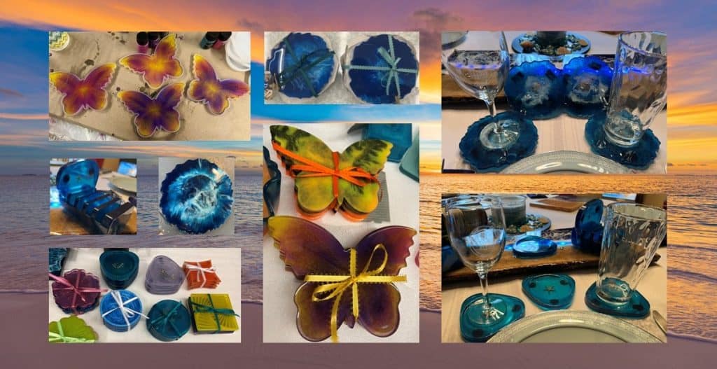 Colorful butterfly-shaped resin crafts for home decor and jewelry.