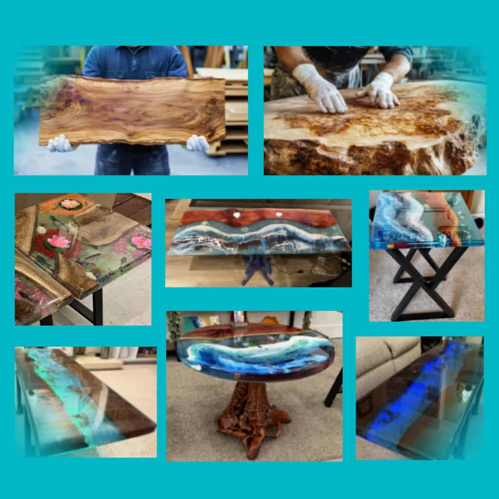 Vibrant epoxy resin furniture and tables showcasing custom wood and resin designs for home decor.