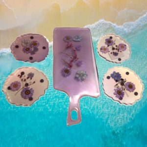 Coasters Set of 4 With Breadboard (Purple with Flowers)