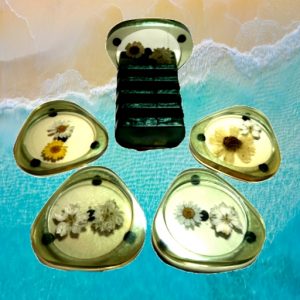 Coasters Set of 5 With Holder (Flowers-Green)
